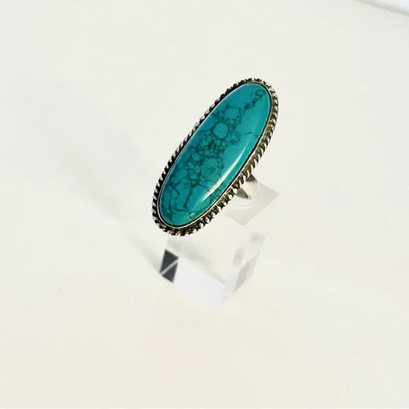 Turquoise Ring Sterling Silver 925 Oval Statement Boho Western Size 8 - Picture 4 of 8
